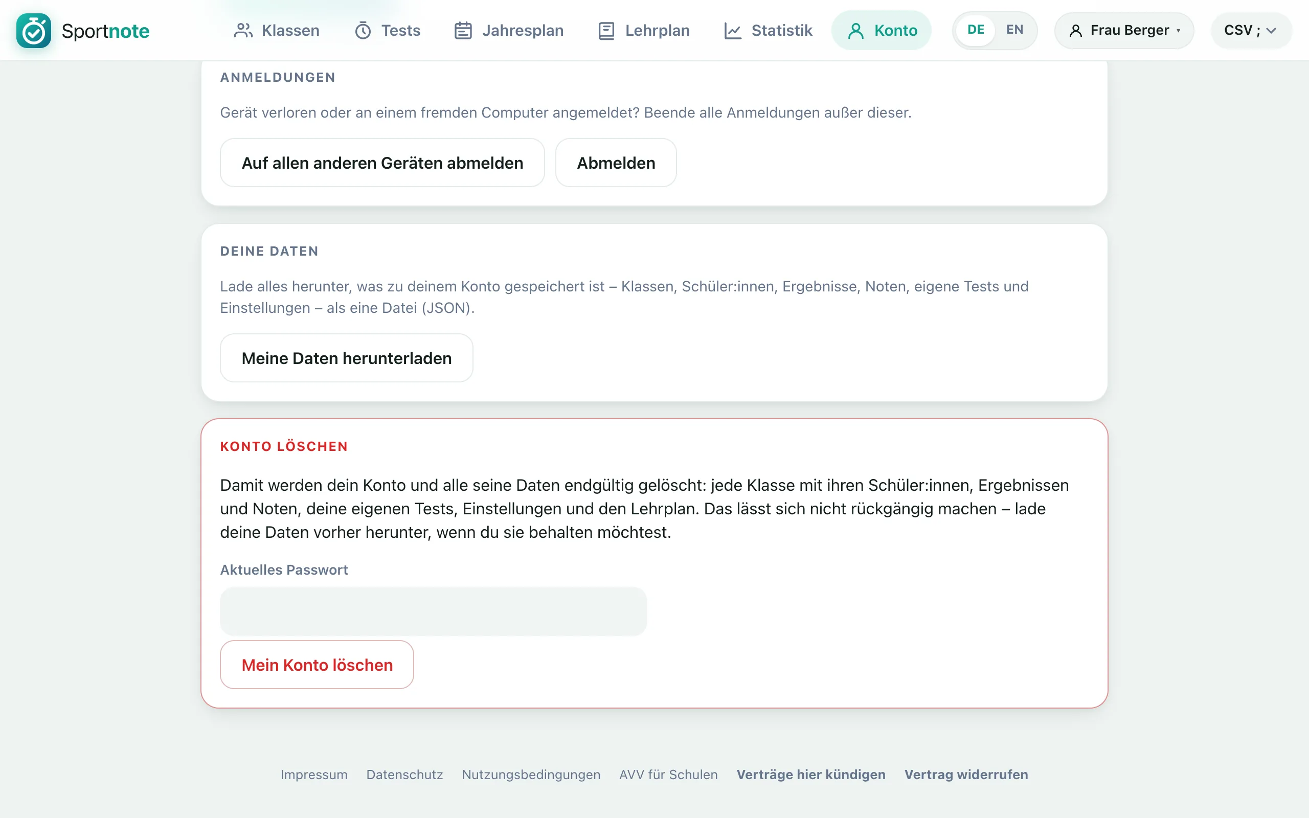 Das Konto in Sportnote: alle Daten herunterladen oder das Konto mit allen Daten löschen