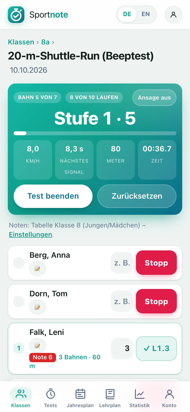 Ein laufender Beep-Test in Sportnote: Stufe 1, Bahn 5, Tempo, nächstes Signal, Meter und Zeit, darunter die Kinder mit Stopp-Knopf und Note