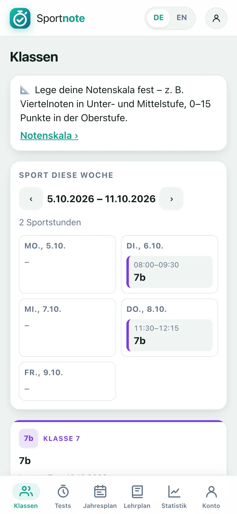 Sportnote auf dem Handy: die Sportstunden der Woche und die Klassen