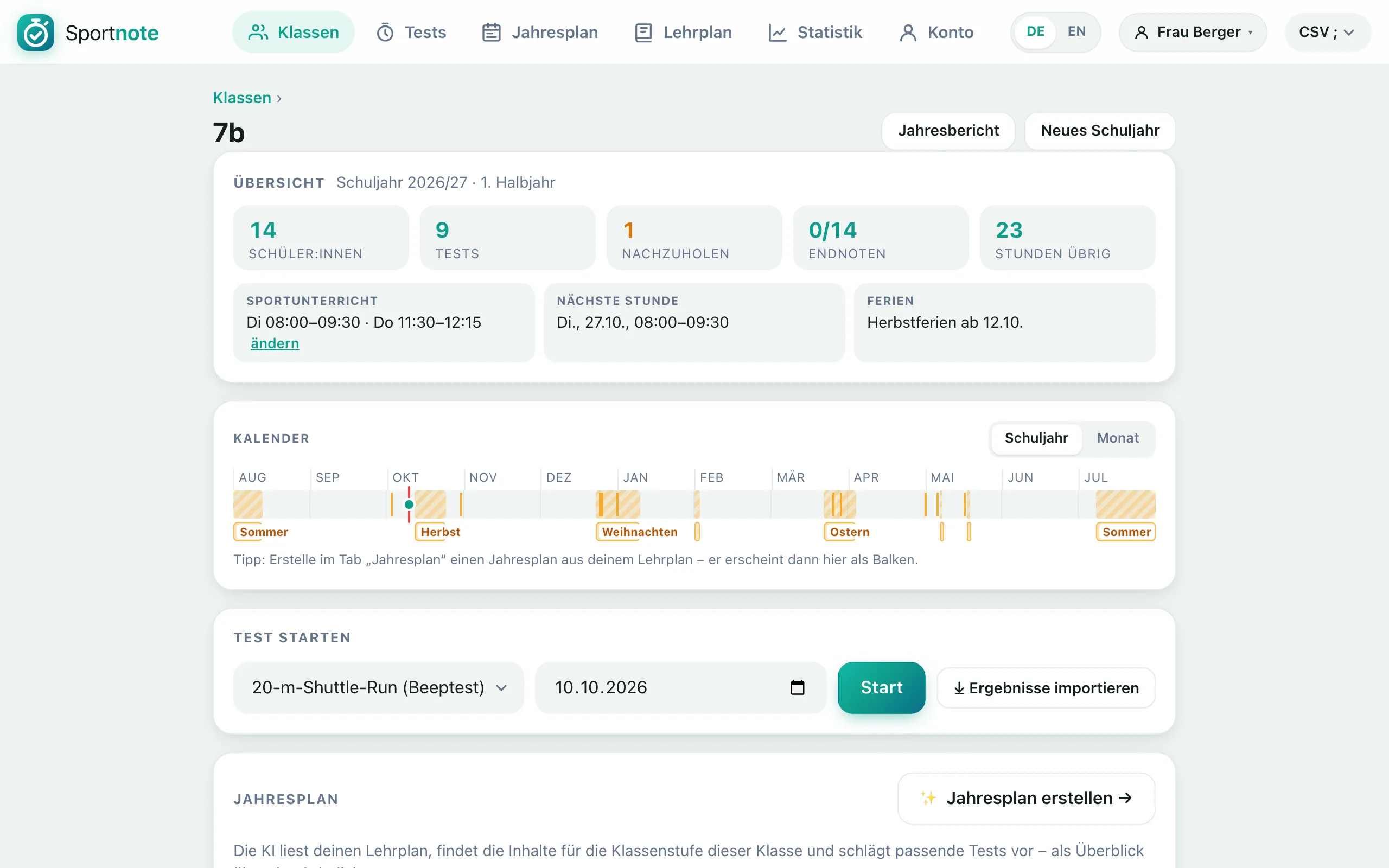 Die Übersicht einer Klasse in Sportnote mit „Nachzuholen“, Sportunterricht, nächster Stunde, Ferien und Kalender