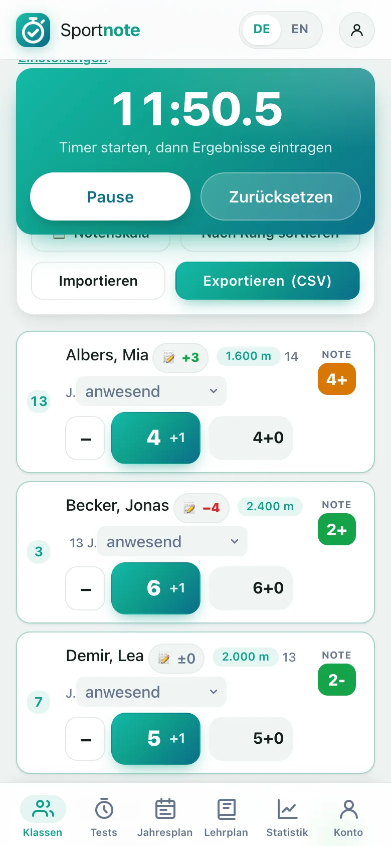 Der Cooper-Test in Sportnote mit 12-Minuten-Uhr, Rundenzähler und Rundenlänge 400 m