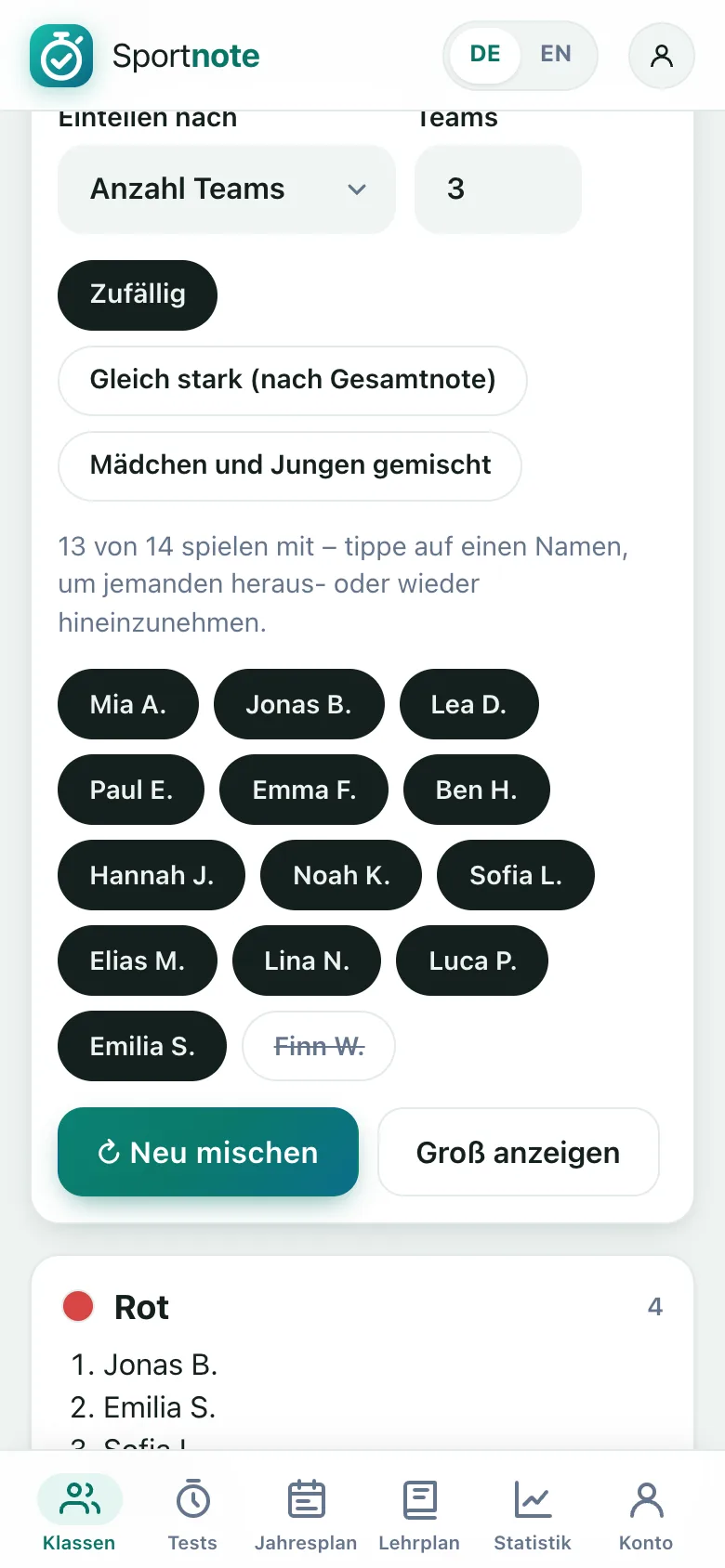 Teams einteilen in Sportnote auf dem Handy: die Kinder einer 7. Klasse, eines sitzt heute aus, dazu die Wahl zwischen zufällig, gleich stark und gemischt