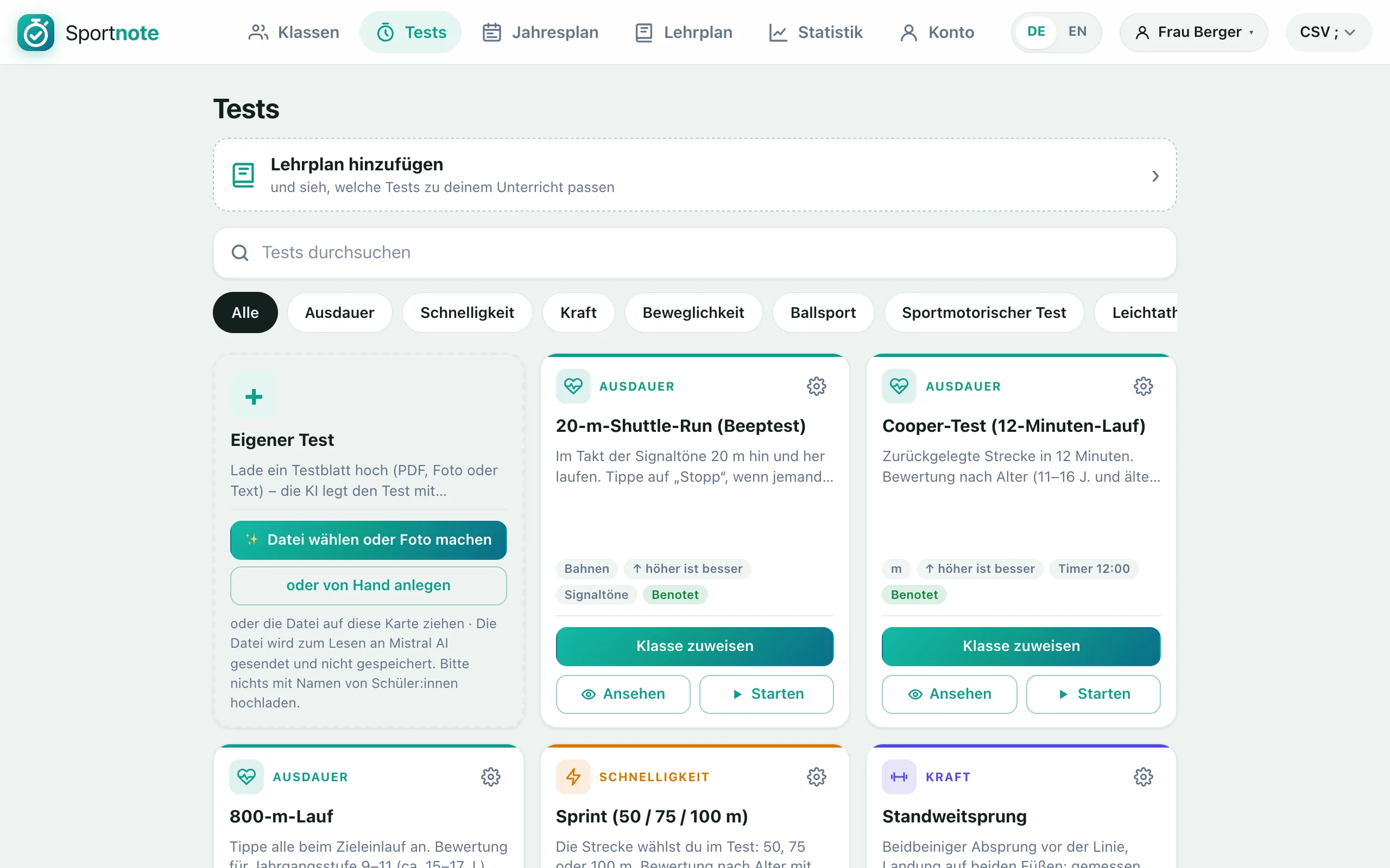 Die Tests in Sportnote mit der Karte „Eigener Test“: Testblatt hochladen oder von Hand anlegen
