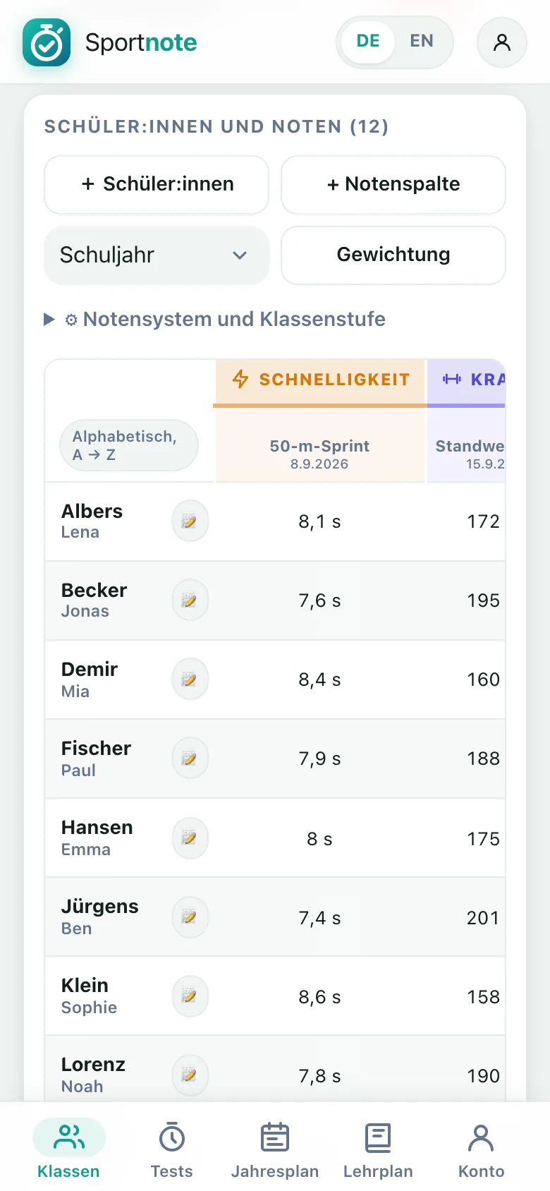 Die Notenübersicht einer Klasse in Sportnote auf dem Handy